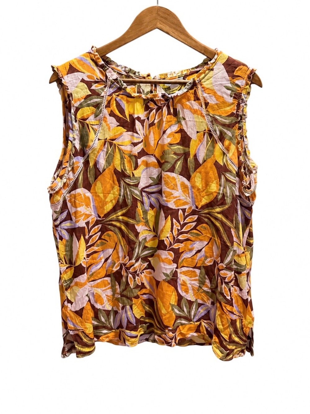 Tribal Jeans XL Floral Leaf Print Sleeveless Rayon Blouse Ruffle Trim